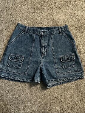 Classic High-Waist Denim Cargo Shorts - Blue